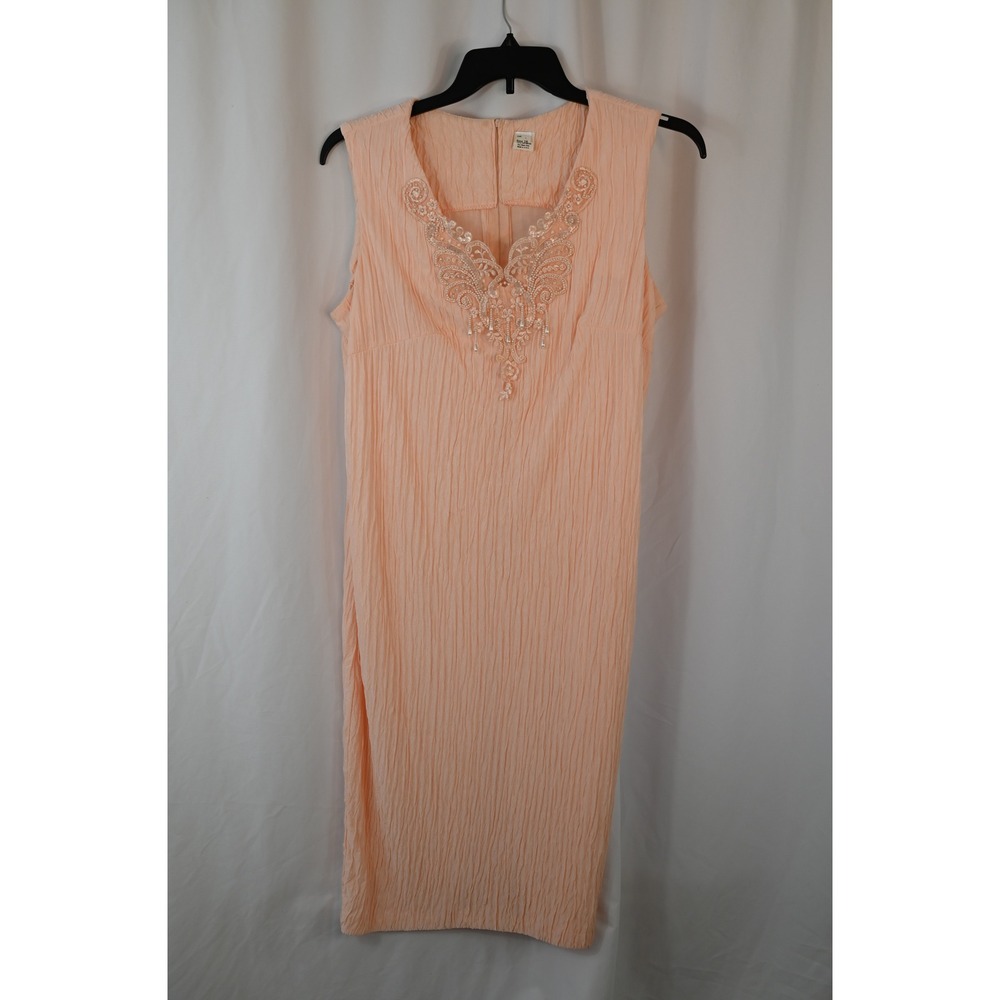 Vintage Blush Pink Pearl Lace Embroidered Crinkle Midi Dress Womens 16 USA Made